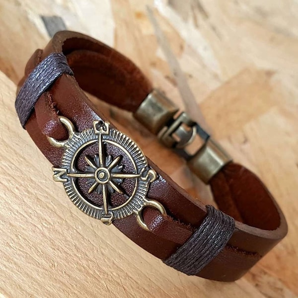 Gift for Mens leather Compass Bracelet with name engraving Gift for him Leather Men Bracelet Jewelry for Man Marine Gift Navy Accessory Man