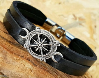 Gift for Man leather Compass Bracelet Christmas Gift Leather Men Bracelets Jewelry for Man for Anniversary Marine Gift Navy Accessory