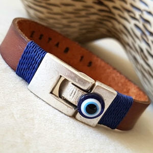 Personalized Leather Bracelet for Men, Engraved Evil Eye Bangle