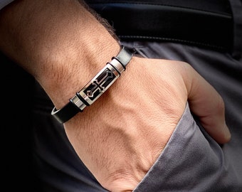 Personalized Mens Leather Cross Bracelet, Christian Gift
