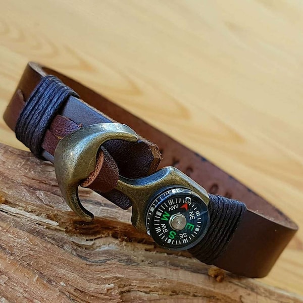 Mens Leather Anchor Compass Bracelet, Personalized Hidden Message