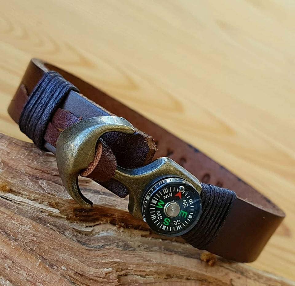 Marine theme Customized Leather Bracelet for man Compass Anchor Bracelet Gift for dad boyfriend Hidden message Mens Genuine Leather Jewelry