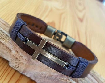 Cross Leather Man Bracelet Personalized Christian gift for Baptism Mens Leather Cross bracelet Super Christian Gift Jesus Bracelet