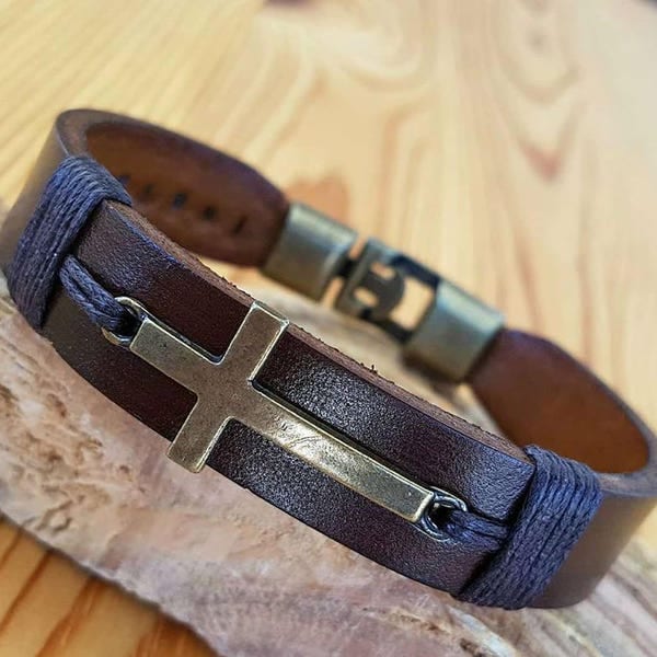 Cross Leather Man Bracelet Personalized Christian gift for Baptism Mens Leather Cross bracelet Super Christian Gift Jesus Bracelet