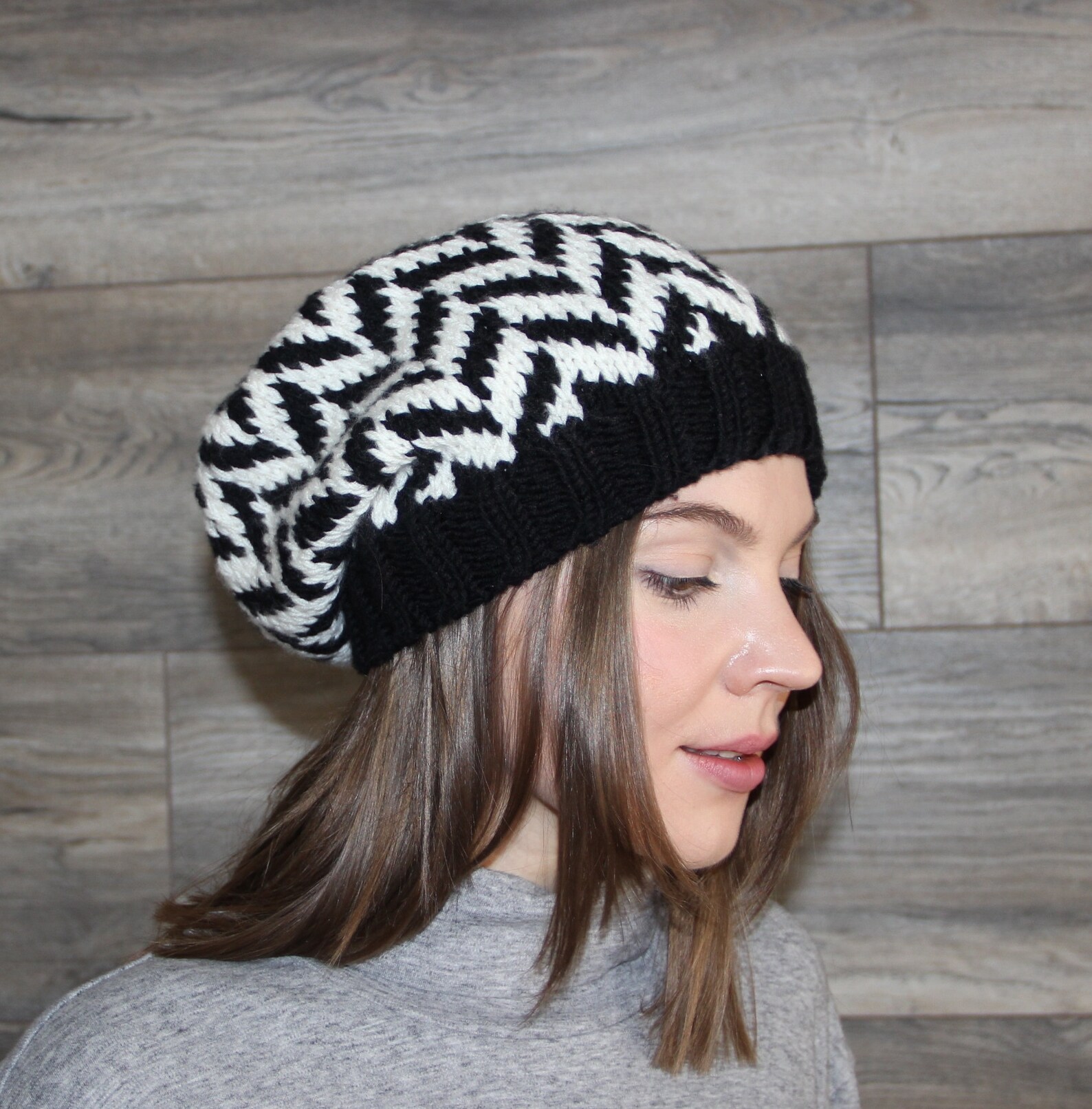 Woolen winter hat with black and white geometric pattern. | Etsy