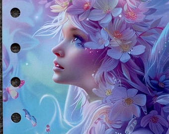 May include: A digital illustration of a woman with long white hair wearing a crown of flowers. The woman has blue eyes and is looking up. The background is a soft blue and purple gradient with butterflies.