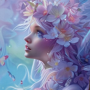 May include: A digital painting of a woman with long white hair adorned with a crown of purple and white flowers. The background is a soft blue and purple gradient with butterflies.
