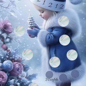Könnte beinhalten: Digitale Illustration eines Kindes in einem blauen Wintermantel und Hut, das einen kleinen Weihnachtsbaumschmuck hält. Auf dem Hut stehen die Zahlen "121212". Die Worte "Winter Dream" stehen am unteren Bildrand.