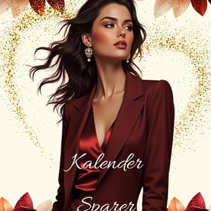 Könnte beinhalten: Ein bordeauxfarbenes Kalenderdesign für 2026, das eine Frau in einem passenden Anzug und einem Satin-Top zeigt. Das Bild enthält florale Akzente in Bordeaux und Gold, mit den Worten "Kalender Sparer 2026".