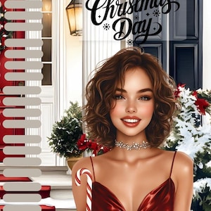 Könnte beinhalten: Digitale Illustration einer Frau in einem roten Kleid, die eine Zuckerstange hält. Das Bild zeigt den Text "Christmas Day" in einer dekorativen Schriftart. Der Hintergrund umfasst eine verschneite Weihnachtsszene und ein Haus mit roten Akzenten.