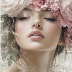 Könnte beinhalten: Digitaldruck einer Frau mit geschlossenen Augen, geschmückt mit einem Blumenkranz aus rosa und weißen Blüten. Das Bild hat eine weiche, romantische Ästhetik, mit dem Text "Beauty Girl" und einem Preisschild unten.