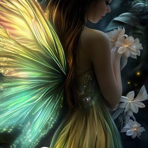 Könnte beinhalten: Eine Figur mit langem braunen Haar, einem Blumenkranz und einem fließenden grünen Kleid mit großen, schimmernden, leuchtenden Flügeln. Die Figur hält weiße Blumen in einer dunklen Umgebung. Das Wort Fairytale steht unten in weißer Schrift.