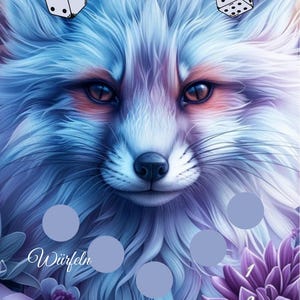 Könnte beinhalten: Ein blauer Fuchs mit lila Blumen und Würfeln. Der Text "Violett Dreams" und "Wurfels" ist sichtbar. Der Text "40c+?" ist ebenfalls sichtbar.