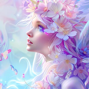 Könnte beinhalten: Ein digitales Gemälde einer Frau mit langen, weißen Haaren und einer Krone aus rosa und weißen Blumen. Sie hat blaue Augen und einen sanften, ätherischen Ausdruck. Der Hintergrund ist ein sanftes, pastellfarbenes Blau und Rosa.