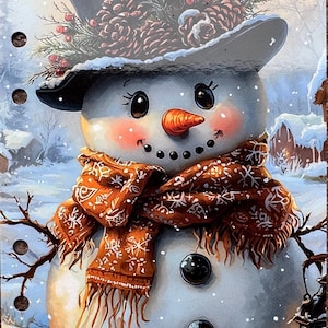 May include: A cheerful snowman wearing a black top hat with pine cones and greenery, a brown scarf with a white snowflake pattern, and a carrot nose. The snowman is standing in a snowy winter scene.