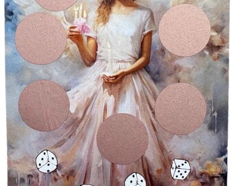 May include: A decorative card featuring a painting of a woman in a flowing gown holding candles. The card has several circular spaces for product placement, dice illustrations, and the word "Birthday" in script.