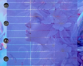 May include: A blue and purple planner page with a floral design. The page has a grid pattern with columns labeled "Datum", "+/-", and "Summe".