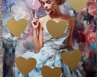 May include: A birthday scratch-off card with a woman holding pink balloons and a gold heart. The card has a floral background and the text "Birthday" and "Rubbeln & Abstreichen 50€".