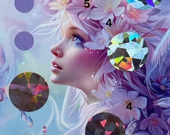 May include: A fantasy-themed artwork featuring a woman with white hair and floral accents. The image includes the name "Isabella" and the word "Würfeln". Several circular, gem-like elements are scattered throughout the design, with numbers 4 and 5.