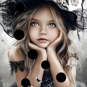 Könnte beinhalten: Digitale Illustration eines jungen Mädchens, das als Hexe verkleidet ist und einen schwarzen Hut und ein schwarzes Kleid trägt. Das Mädchen hat lange blonde Haare und stützt ihr Kinn auf ihre Hände. Der Hintergrund ist eine dunkle Fantasy-Szene.