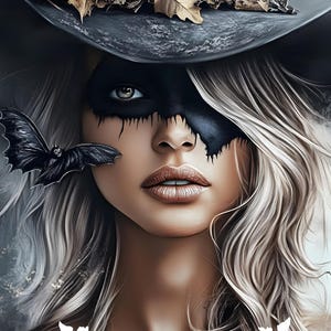 Könnte beinhalten: Digitales Kunstwerk einer Frau mit silbernem Haar, die eine schwarze Maske und einen Hexenhut mit Blättern trägt. Eine schwarze Fledermaus fliegt in der Nähe ihres Gesichts. Das Wort "HALLOWEEN" steht unten in Weiß.