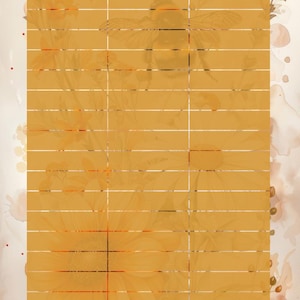 Könnte beinhalten: Ein gelber und brauner, kariertes Planer mit den Worten "Datum" und "Summe" oben. Der Planer ist mit Aquarellblumen und einer Biene verziert.