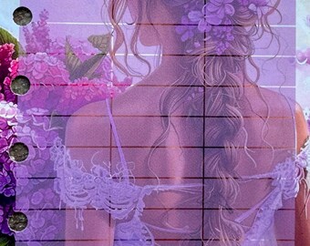 May include: A purple and white planner with a grid layout and the words "Datum" and "Summe" at the top. The planner features a watercolor illustration of a woman with long, braided hair wearing a white dress and holding a bouquet of purple flowers.