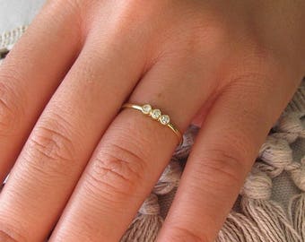 3 Diamond Ring 14k Solid Gold Engagement Ring, Wedding Ring, Promise Ring, Three Diamond Ring, Triple Stone Ring with Round Diamonds