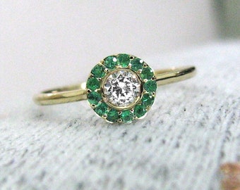 Engagement Ring Diamond, Wedding Ring Diamond With Emeralds, Diamond Halo Ring, Emerald Engagement Ring, Bridal Ring Diamond, Jewelry Ring