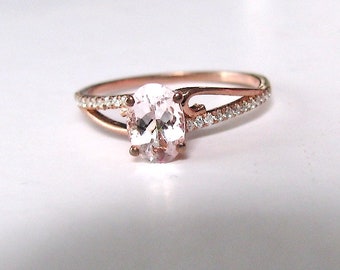 Morganite Ring In Rose Gold Oval, Morganite Engagement Ring Diamond, Bridal V, Wedding Ring Set, Pink Morganite Ring, Natural Morganite Ring