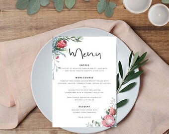 Protea Wedding Menu/ Printable Wedding Menu/ Rustic Wedding Menu/ Native Floral Wedding Menu/ Wedding Menu Template/ WILD HEARTS SUITE