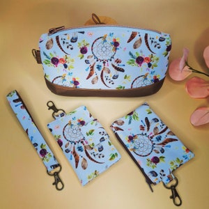 Vegan leather, bronz and dream catcher clutch, Birthday gift, Autumn set, Clutch, card holder, mini makeup bag, Gift for Mom
