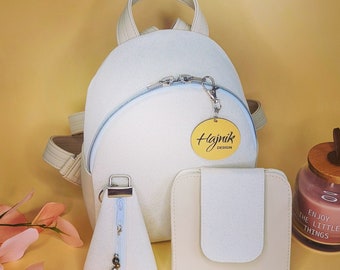 Vegan leather mini backpack, Zippered beige-champagne backpack, Mini everyday bag, Backpack for stylish women, Shiny backpack and Key chain
