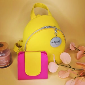 Classic yellow mini backpack, Yellow and pink small wallet, Elegant bag, Everyday bag, Birthday gift for yellow lovers, Yellow bag for her