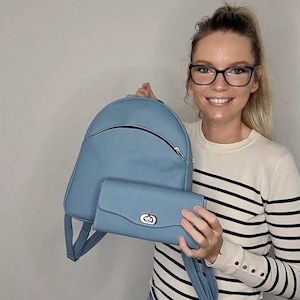 Vegan leather backpack and long wallet, Steel blue bag with big wallet, Medium sized backpack, Zippered backpack for her, Baby shower gift
