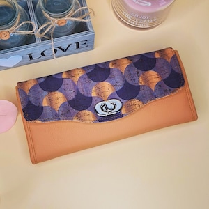 Long wallet, XXL wallet, Clutch wallet for women, Minimalist Portemonnaie Damen, Vegan leather, cork leather bag, Camel and blue clutch bag