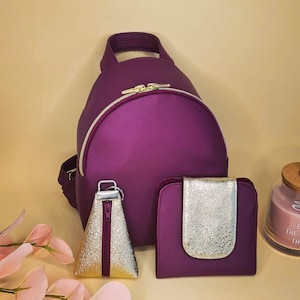 Mulberry and gold mini backpack with small wallet, Everyday bag for women and girls, Minimal style backpack, Vegan leather backpack