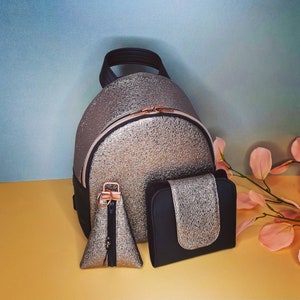 Vegan leather mini backpack, Zippered platinum-black backpack, Mini everyday bag, Backpack for stylish women, Small wallet, Key chain