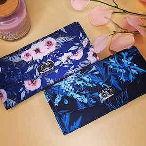 Long wallet with flowers, XXL wallet for women, Clutch wallet for women, Large Blue wallet, Floral wallet, Classic chic wallet