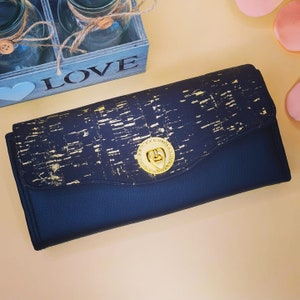 Long wallet, XXL wallet for women, Clutch wallet for women, Classic black and gold wallet, Classic chic wallet, Cork leather long wallet