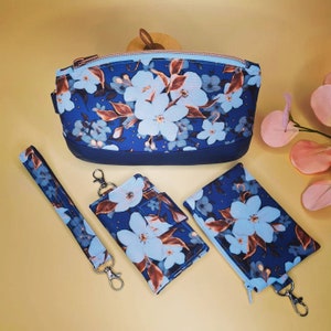 Vegan leather, blue clutch with white flowers, Birthday gift set, Clutch, card holder, mini makeup bag, Gift for Mom, Gift for bluelovers