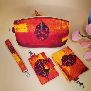 Vegan leather, red, orange and yellow clutch, Birthday gift, Autumn set, Colors of fall, Clutch, card holder, mini makeup bag, Gift for Mom