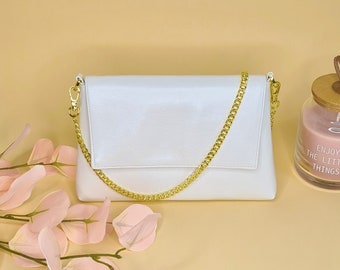 Pearl white mini clutch with gold chain, Wedding bag, Bridal bag, Bridal gift, Envelope bag, Wedding gift for the Bride, Bachelorette party