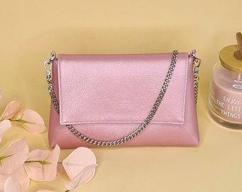 Vegan, Light pink mini clutch with silver chain, Wedding bag, Bridal bag, Bridal gift, Handmade