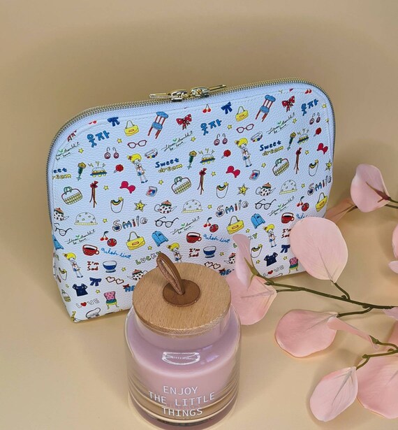 Cute vegan leather kawaii cosmetic bag Makeup bag Gift for daughter Big makeup bag with gold zipper Birthday gift for best friend
