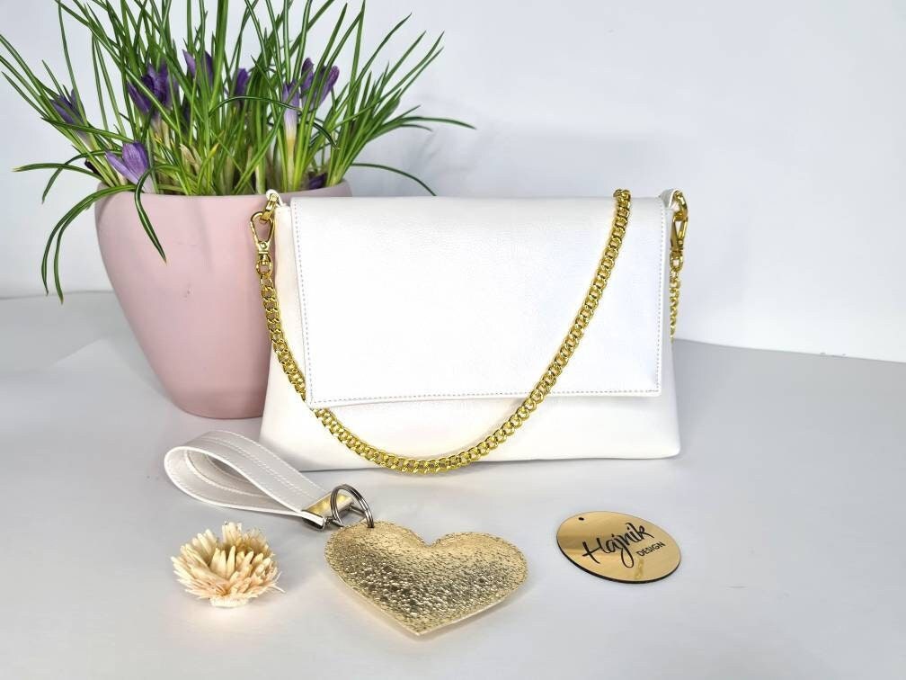 Vegan, Pearl White Mini Clutch with Gold Chain, Wedding Bag, Bridal Bag, Bridal Gift, Handmade