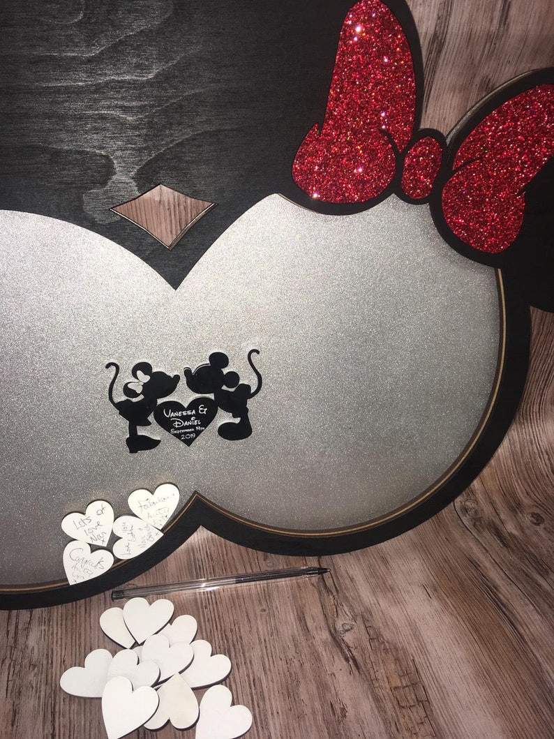 Minnie Mickey Mickey red bow hearts Disney inspired wedding guest book drop box guests