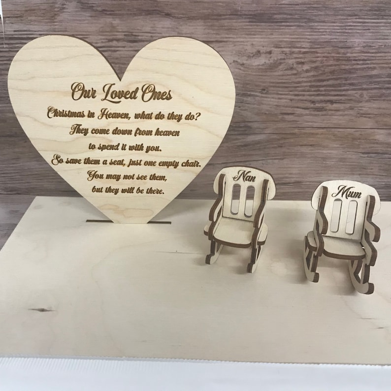 Loved Ones in Heaven Christmas heart Xmas Memory Table Top Plaque Centrepiece with Empty Chairs Personalised