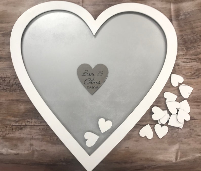 Personalised white silver wedding heart shaped guest book drop box wooden hearts rustic vintage wedding guestbook alternative wooden dropbox