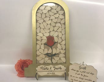Beauty and the Beast themed gold wedding drop box alternative guest book Dome Jar birthday guestbook petals rustic vintage wooden dropbox